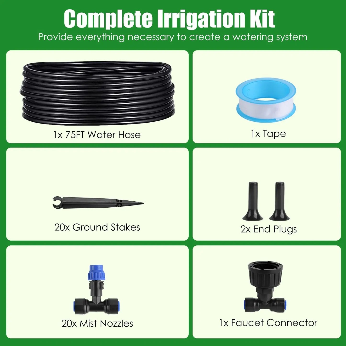 Upgraded Drip Irrigation System Kit 75FT, Adjustable Misting Nozzles Leak-Proof, with 20 Stakes & Nozzles, for Garden/Greenhouse/Outdoor Plants, 1 Set
