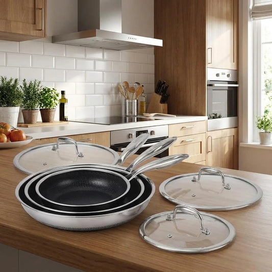 HiMISS Tri Ply Nonstick Stainless Steel Frying Pan Set Lids
