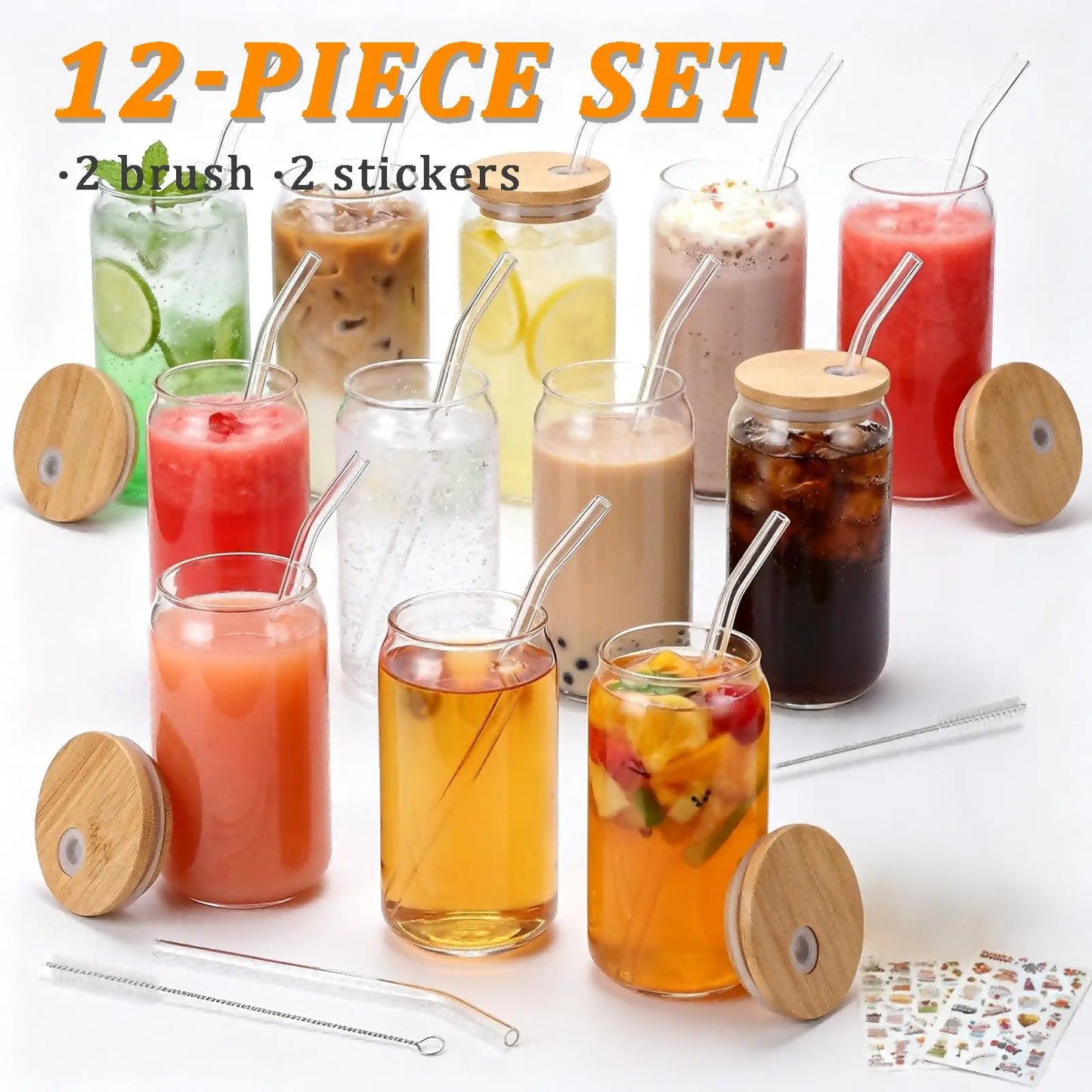 Glass Cups Set With Bamboo Lids Glass Straws And Brushes