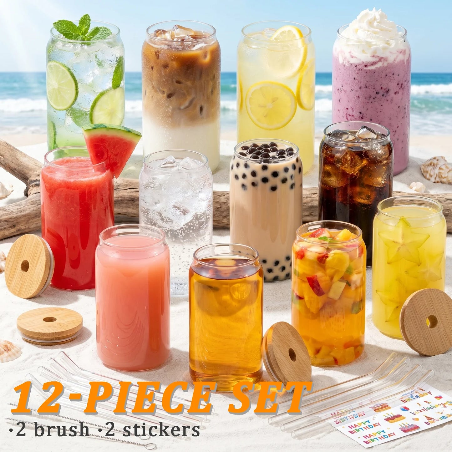 Glass Cups Set With Bamboo Lids Glass Straws And Brushes
