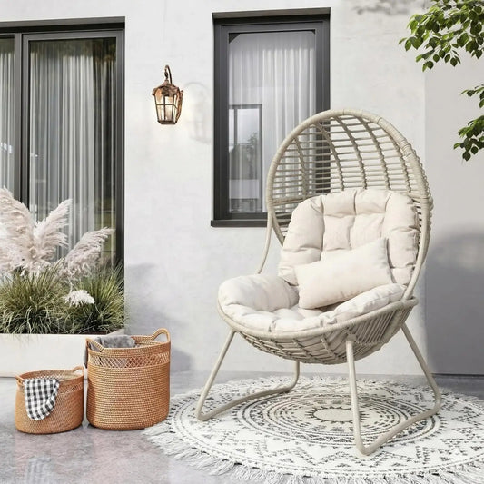 Egg Shell Rattan Woven Lounge Chair With Cushions Ergonomic Outdoor