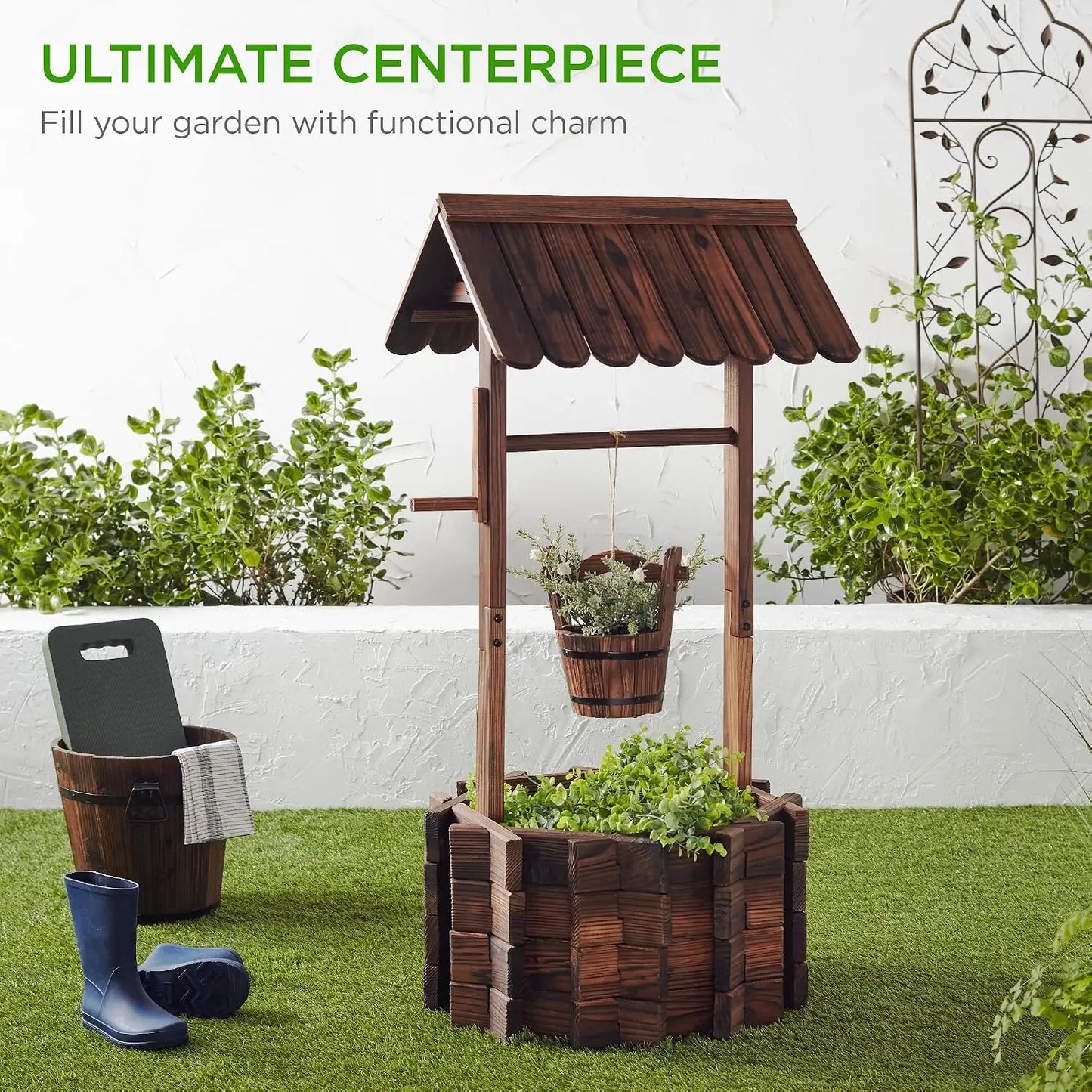 Rustic Wooden Wishing Well Planter With Hanging Bucket
