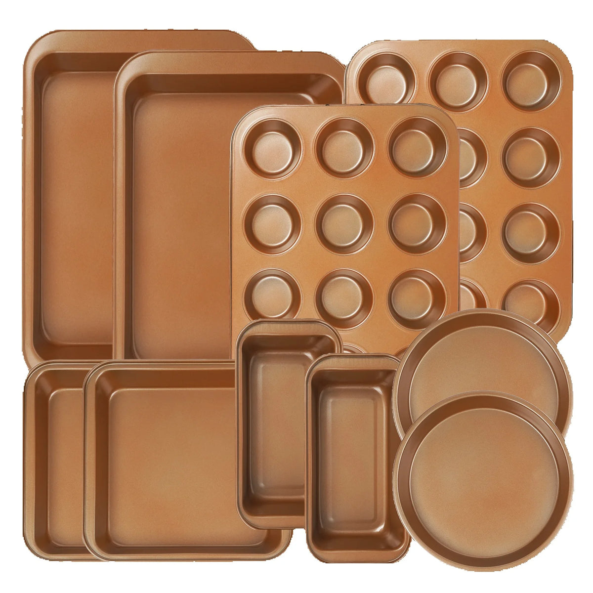 KOOMADE 10Pcs Nonstick Carbon Steel Bakeware Set Copper Coated Baking Pans Cookie Sheet Muffin Loaf Round Square Roasting Tray Oven Safe Dishwasher Safe Kitchen Baking Utensils