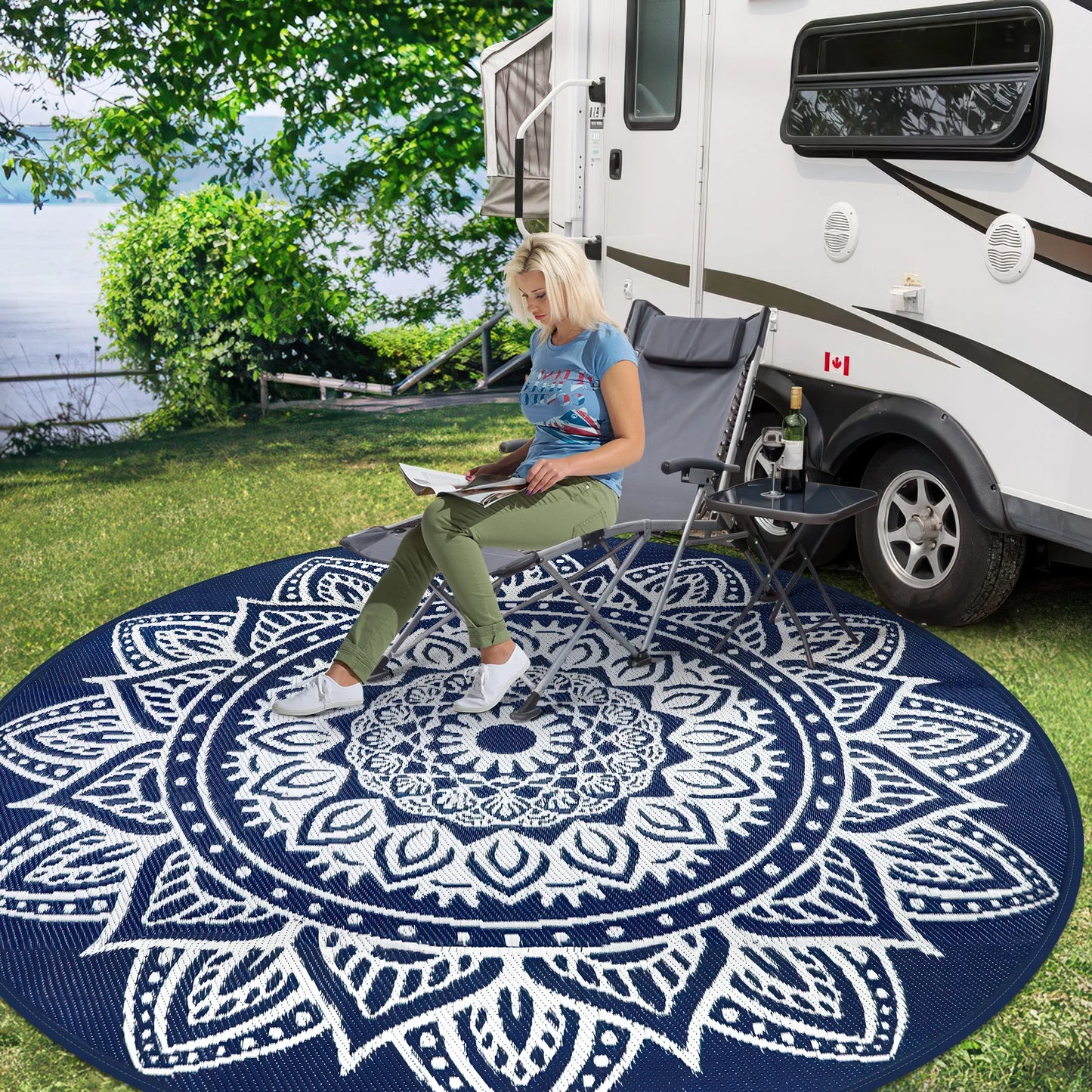 Round Outdoor Rug Reversible Waterproof Plastic Straw Mat Portable RV