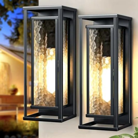 16" Large Outdoor Wall Lights 2 Pack, Modern Outdoor Light Fixtures Wall Mount, Black Exterior Wall Sconce with Ripple Glass, W