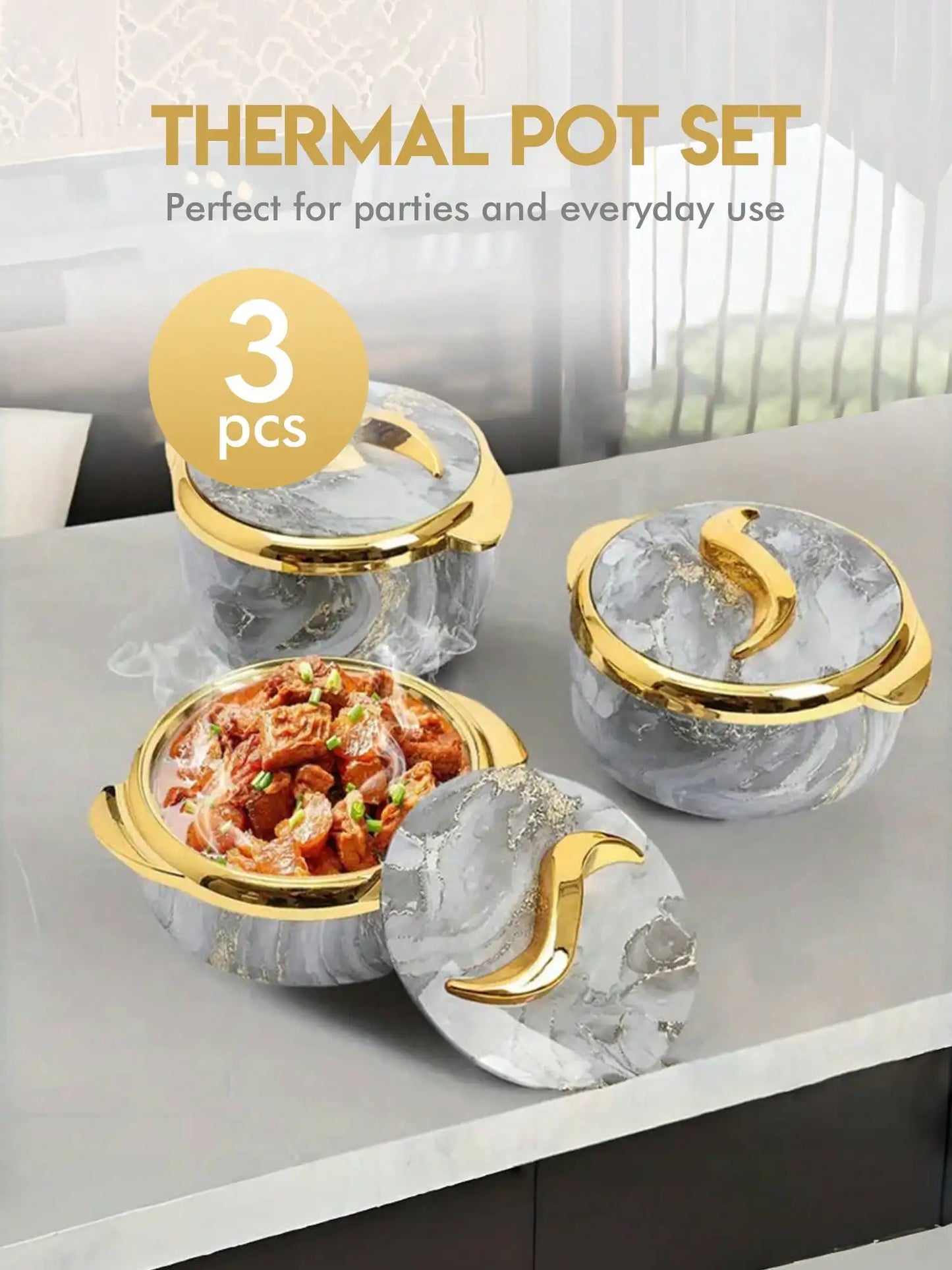 Three-Piece Food Warmer Set With Lids in Stainless Steel