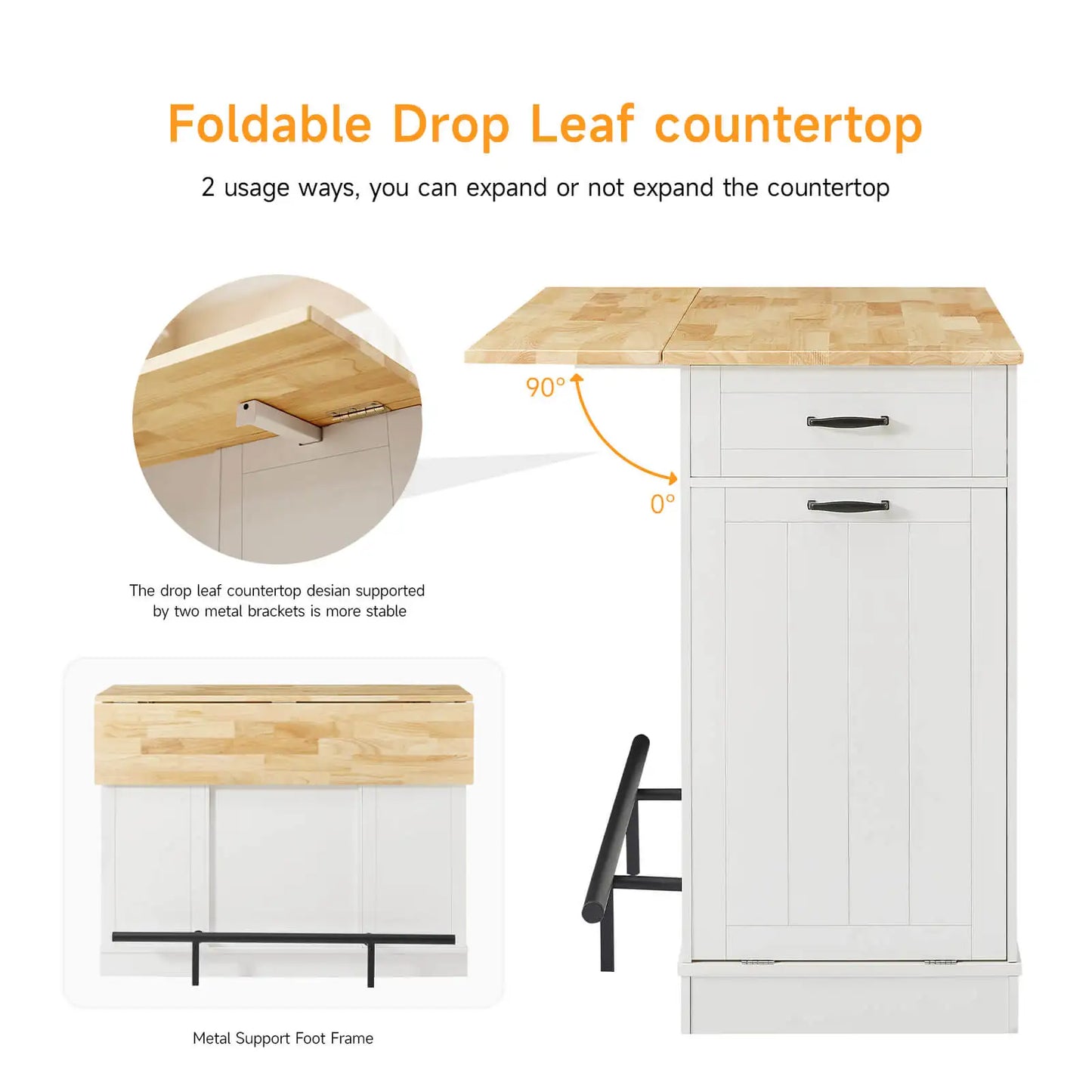 Stationary Kitchen Islands with 2 Chairs, 47" Rolling Kitchen Island with Drop Leaf, Home Bar Table with Spice Rack & Trash Can, Movable Island, Island Table for Dining Room