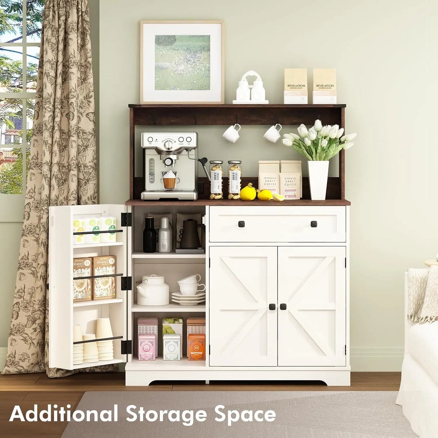Wnutress Farmhouse Coffee Bar Cabinet With Drawer And Charging Station