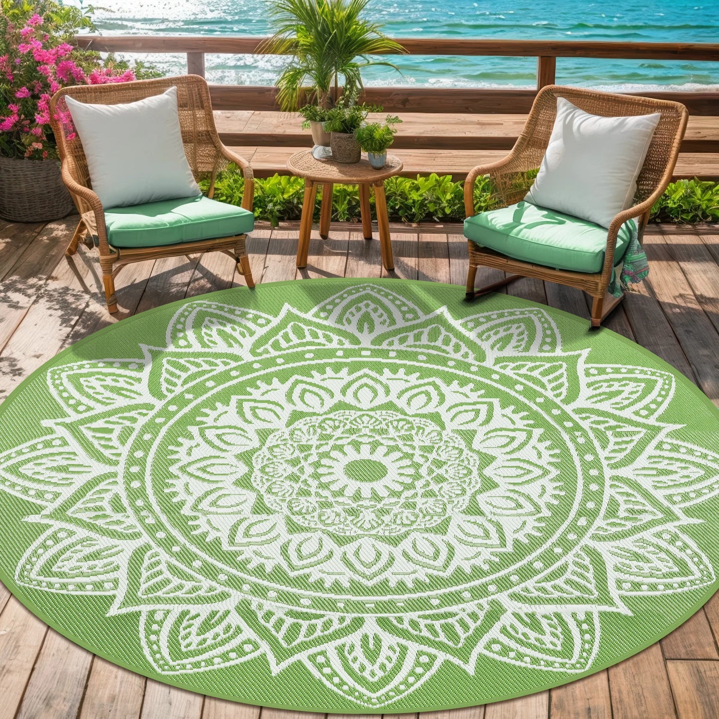 Round Outdoor Rug Reversible Waterproof Plastic Straw Mat Portable RV