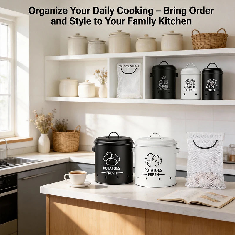 Metal Potato Onion & Garlic Storage Containers with Lids & Air Holes – Stackable 3 Sizes Space-Saving for Kitchen Counter Black