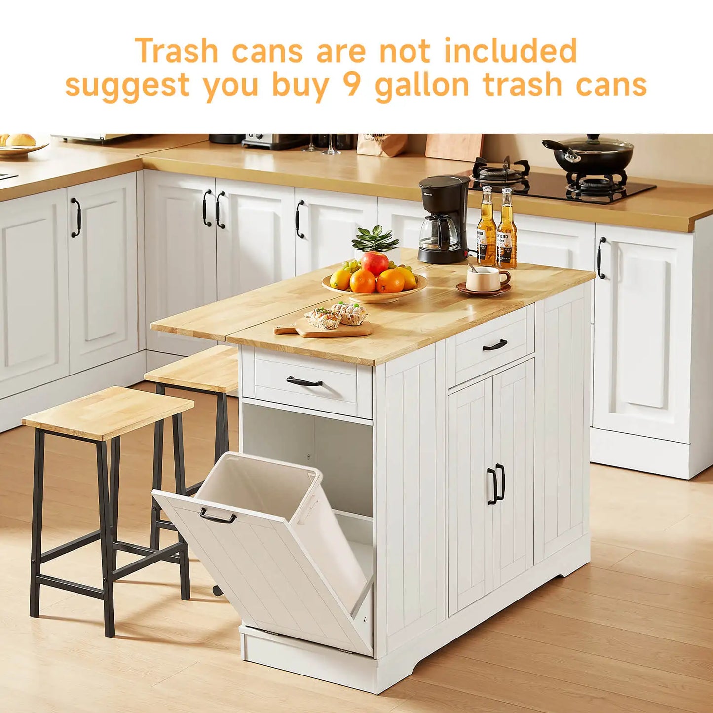 Stationary Kitchen Islands with 2 Chairs, 47" Rolling Kitchen Island with Drop Leaf, Home Bar Table with Spice Rack & Trash Can, Movable Island, Island Table for Dining Room
