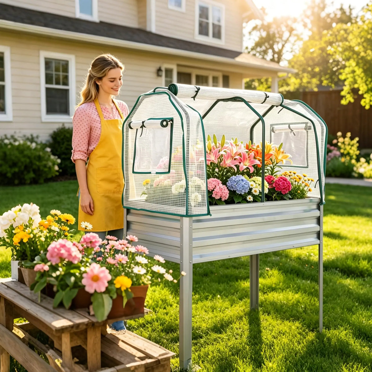 Raised Garden Bed With Cover, 30in Galvanized Elevated Planter Box With Legs, Greenhouse For Vegetables Herbs Patio Balcony