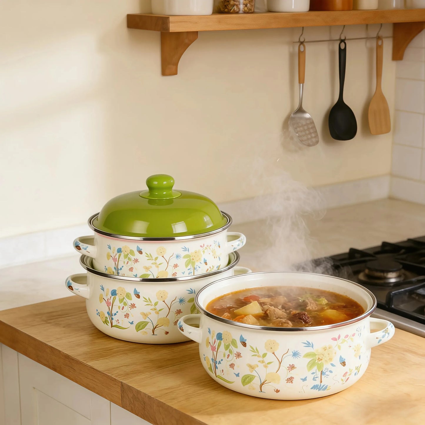 Vintage Enamel Stock Pot Set For Induction And Gas Stoves
