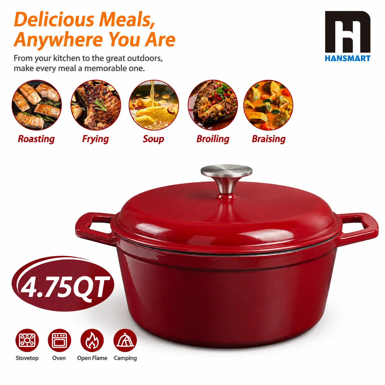 HanSmart Enameled Cast Iron Dutch Oven With Lid For Braising