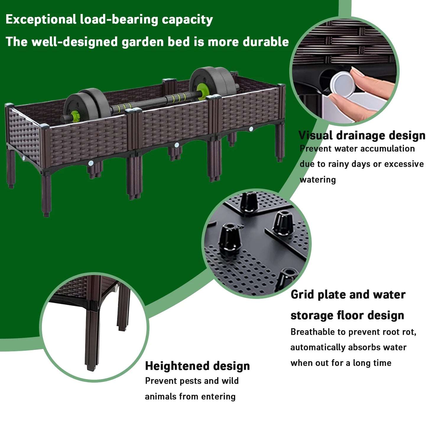 Three Pack Raised Garden Planters With Legs And Drain Outlet