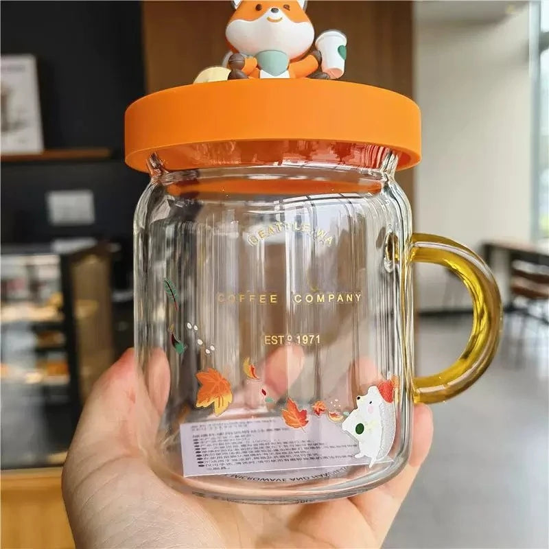 Autumn Forest Fox Glass Cup Cartoon Cover Heat Resistant