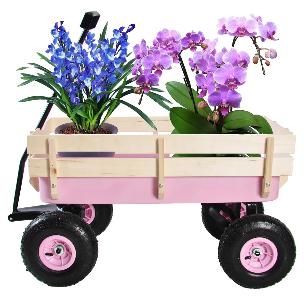 Heavy Duty All Terrain Outdoor Wagon, Garden Cart with Wooden Panels, Air Tires & Railing for Tools Hauling