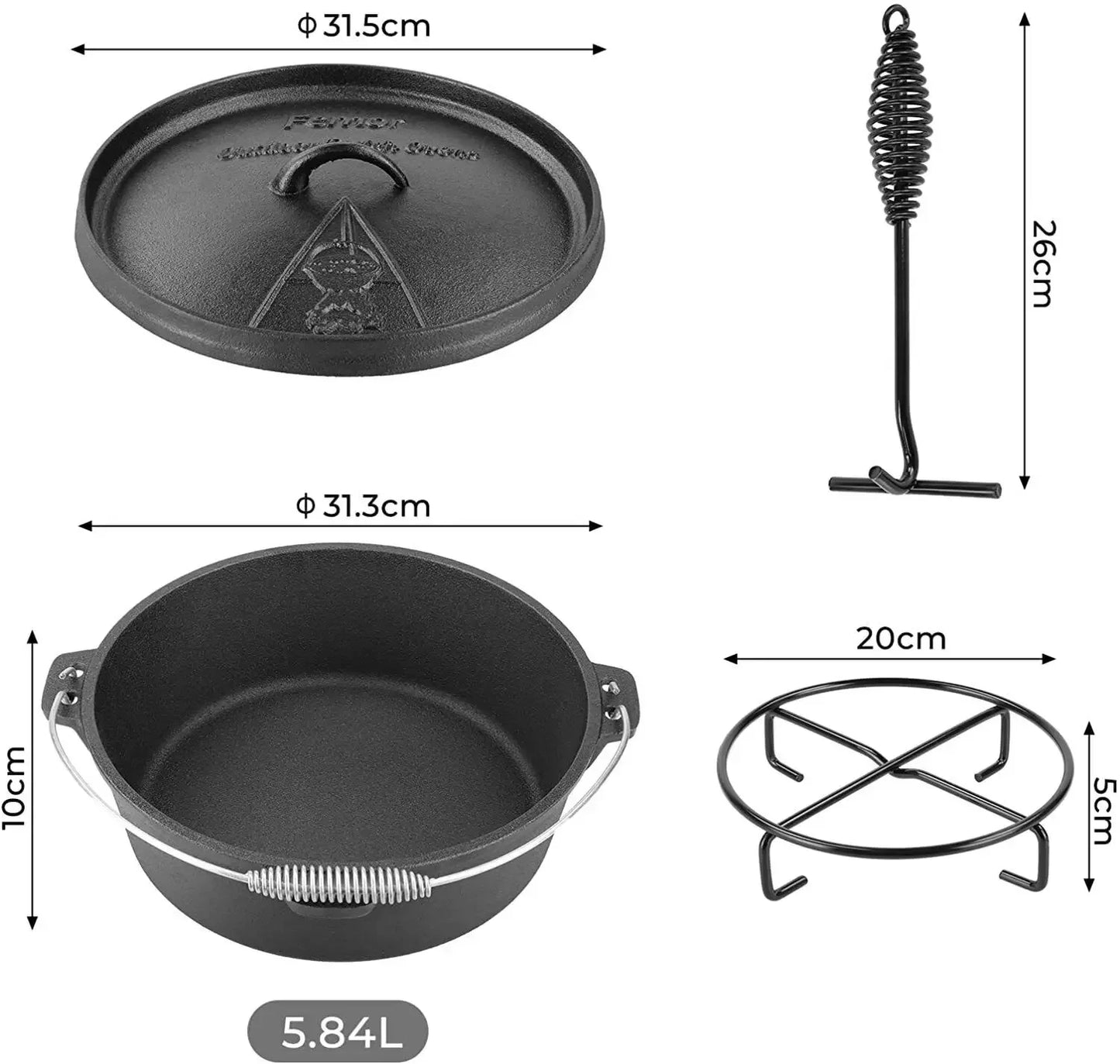 Homfa Cast Iron Dutch Oven 5.8L Outdoor Camping Cookware Pot
