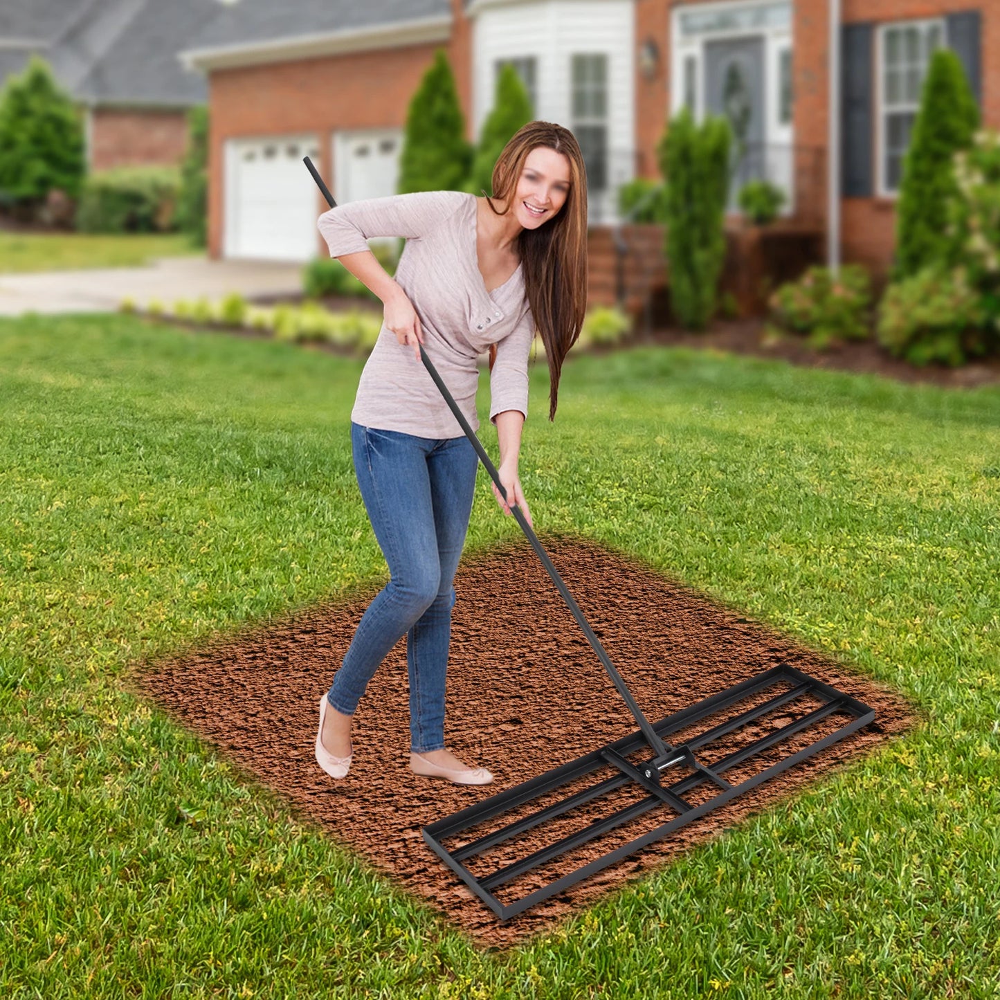Steel Lawn Leveler Rake Adjustable Angle Leveling Tool Heavy Duty Ground Rake with 5.7ft Long Handle for Yard Garden Farm