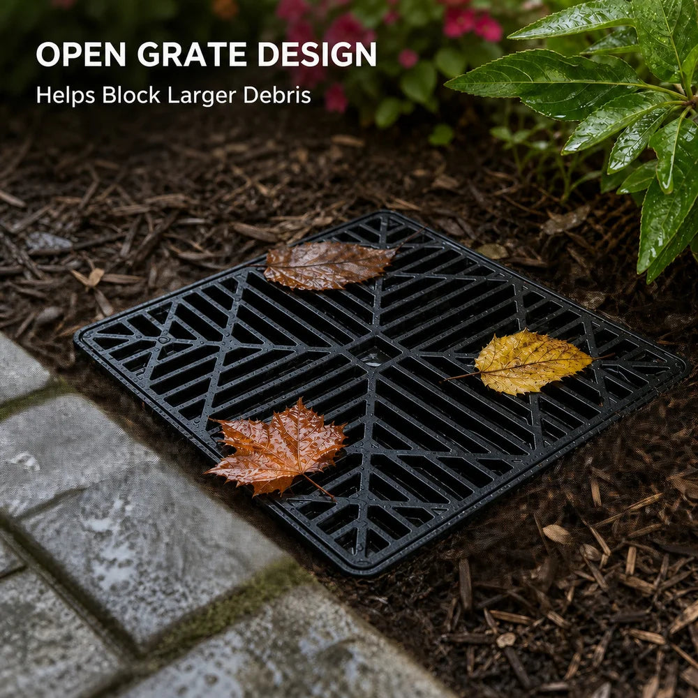 Square Outdoor Drain Catch Basin Kit with Grate Flexible Corrugated Drain Pipe Yard Patio Lawn Garden Downspout Surface Water Drainage System