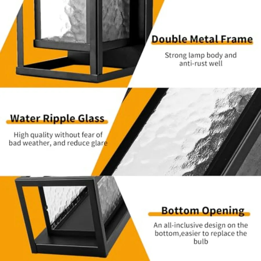 16" Large Outdoor Wall Lights 2 Pack, Modern Outdoor Light Fixtures Wall Mount, Black Exterior Wall Sconce with Ripple Glass, W