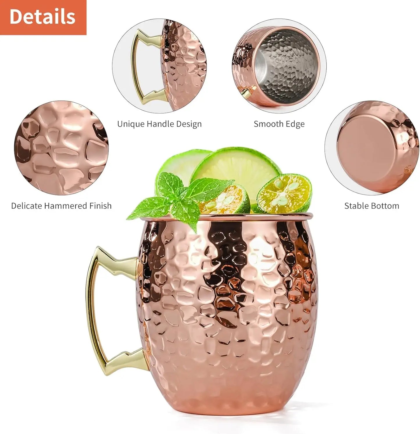 Hammered Copper Moscow Mule Mugs Set Of 4 With Stainless Steel Lining