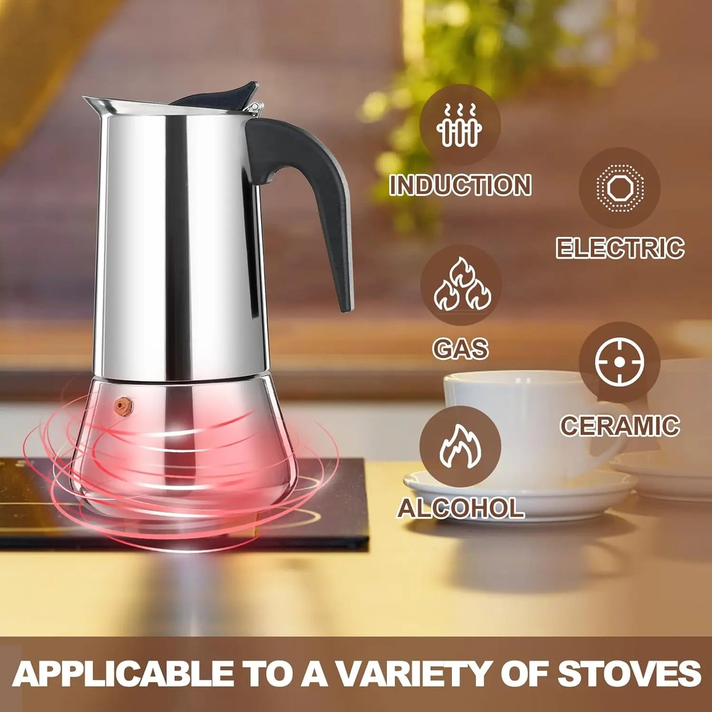 Food Grade Stainless Steel Stovetop Espresso Moka Pot with Safety Valve, Multi Capacity Italian Coffee Percolator, Gas Induction Camping Coffee Maker for Home Cafe Use