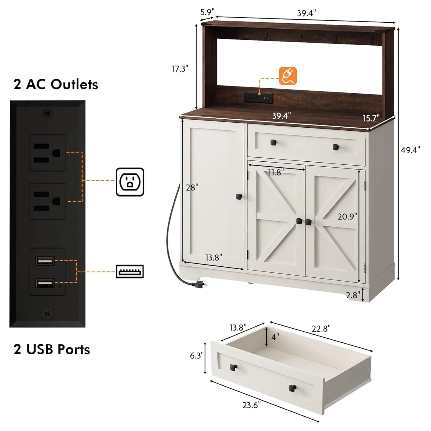 Wnutress Farmhouse Coffee Bar Cabinet With Drawer And Charging Station