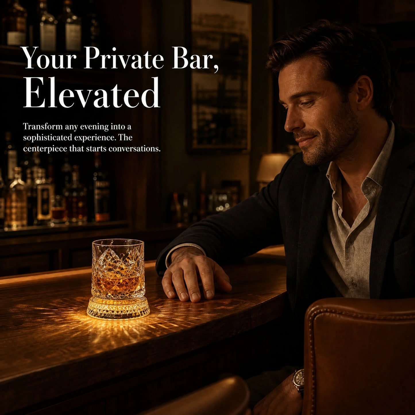Rotating Whiskey Glass With LED Light Up Coaster Set