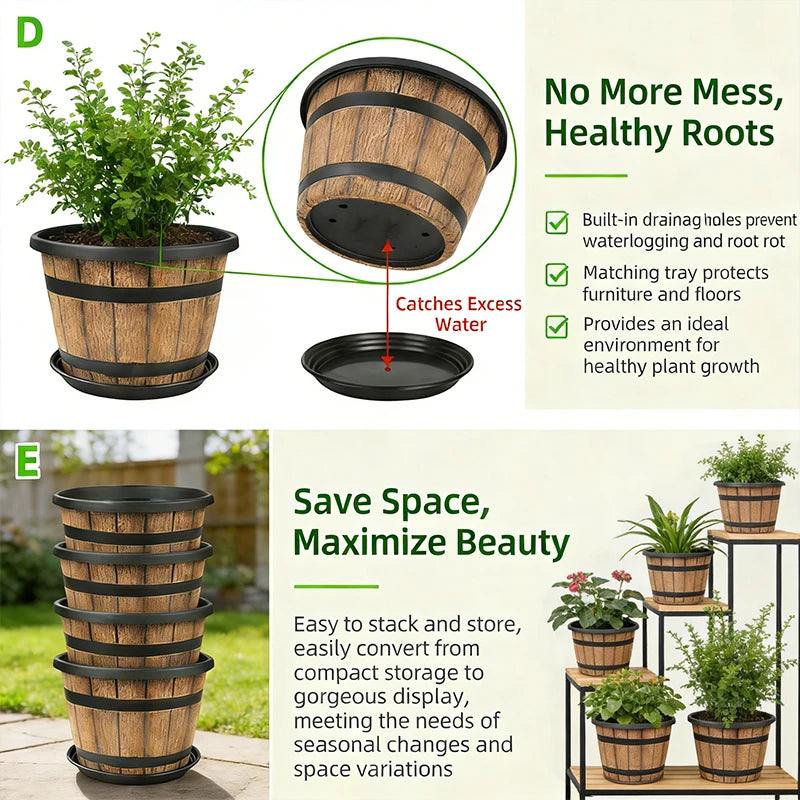 Resin Indoor Flower Planter Barrel Style Plant Pot For Home Garden