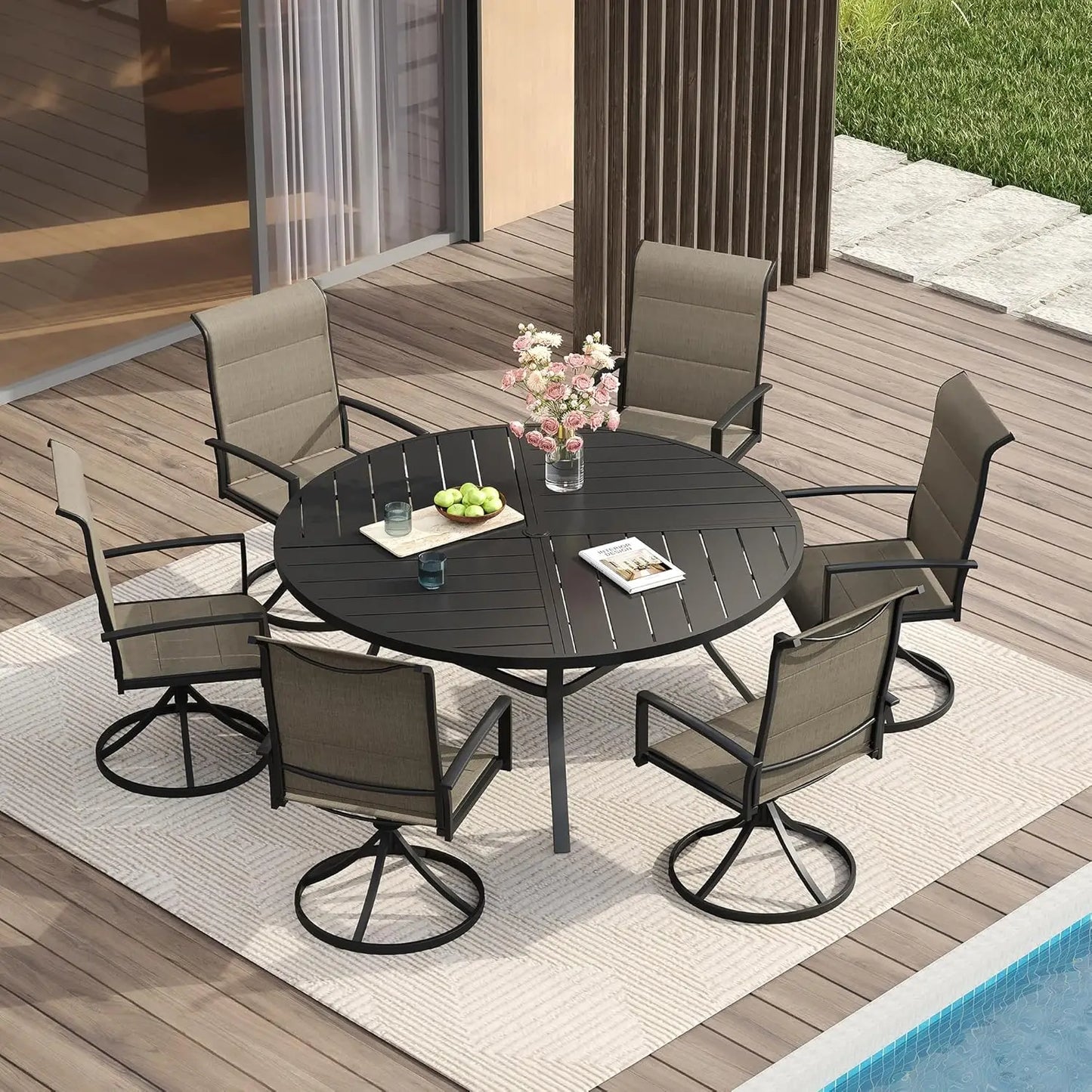 Patio Dining Set for Six With Round Table and Chairs