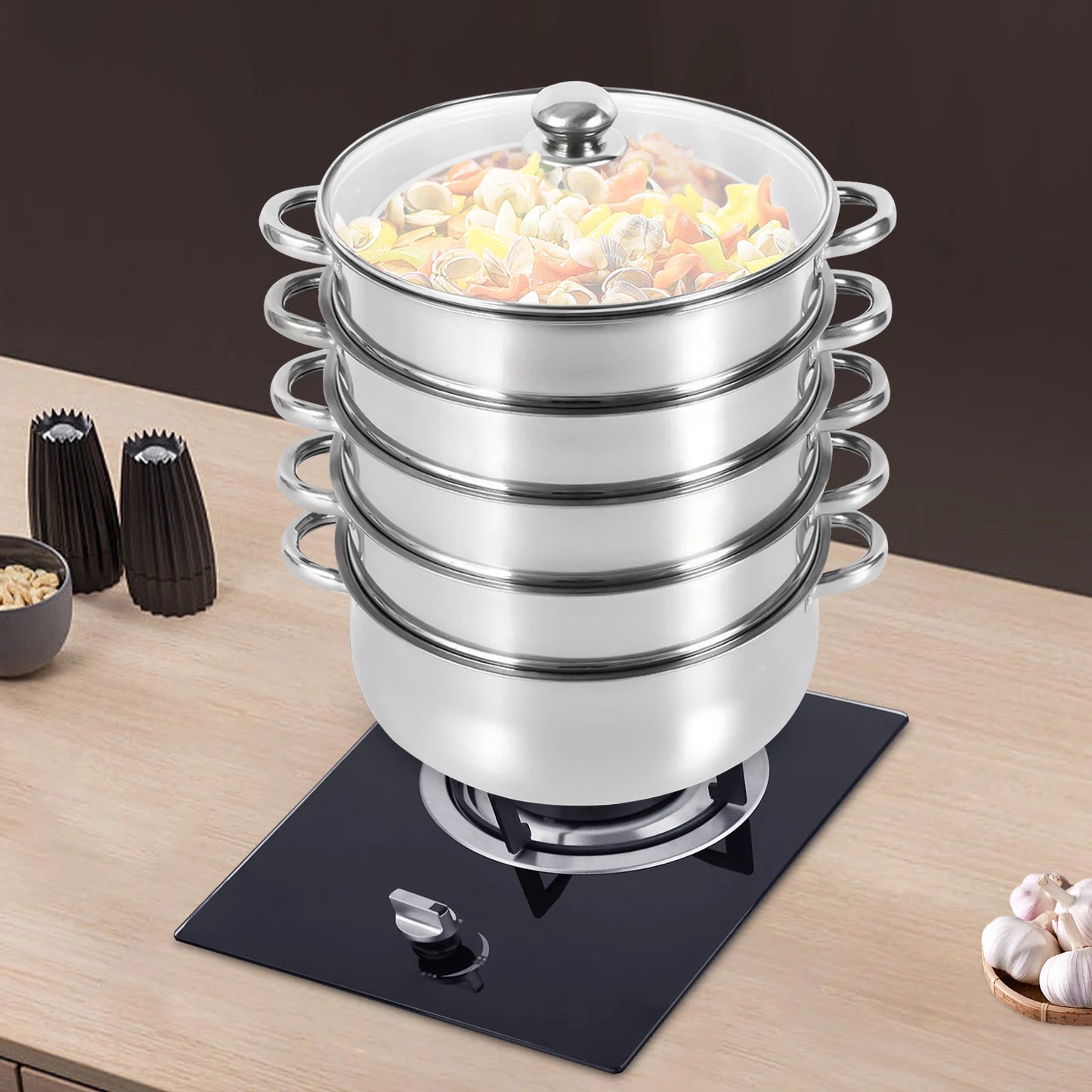 5-Tier Stainless Steel Steamer Pot 304 Food Grade Stackable Cookware