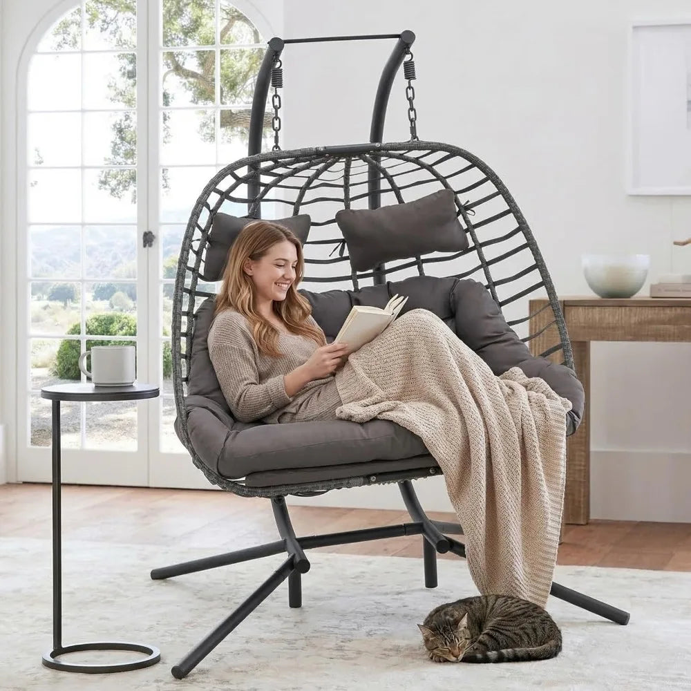 XIAOLANG Double Egg Swing Chair With Stand Rattan Outdoor Patio