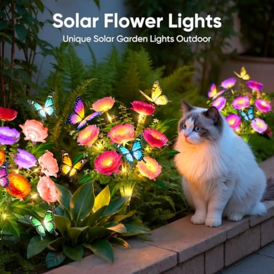 Solar Flowers Lights Outdoor Waterproof: LED Solar Lights Decorative for Outside Garden Decor with Butterfly Auto-On/Off for Ya
