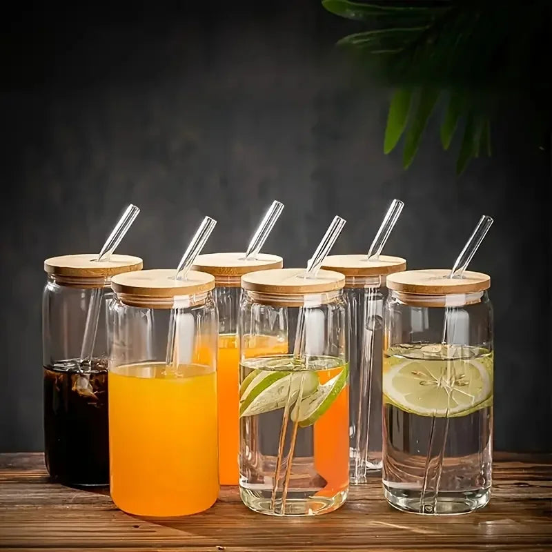 Six Pack Glass Drinking Set With Bamboo Lids And Glass Straws
