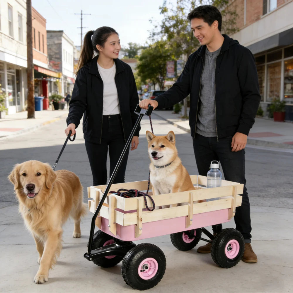 Heavy Duty All Terrain Outdoor Wagon, Garden Cart with Wooden Panels, Air Tires & Railing for Tools Hauling
