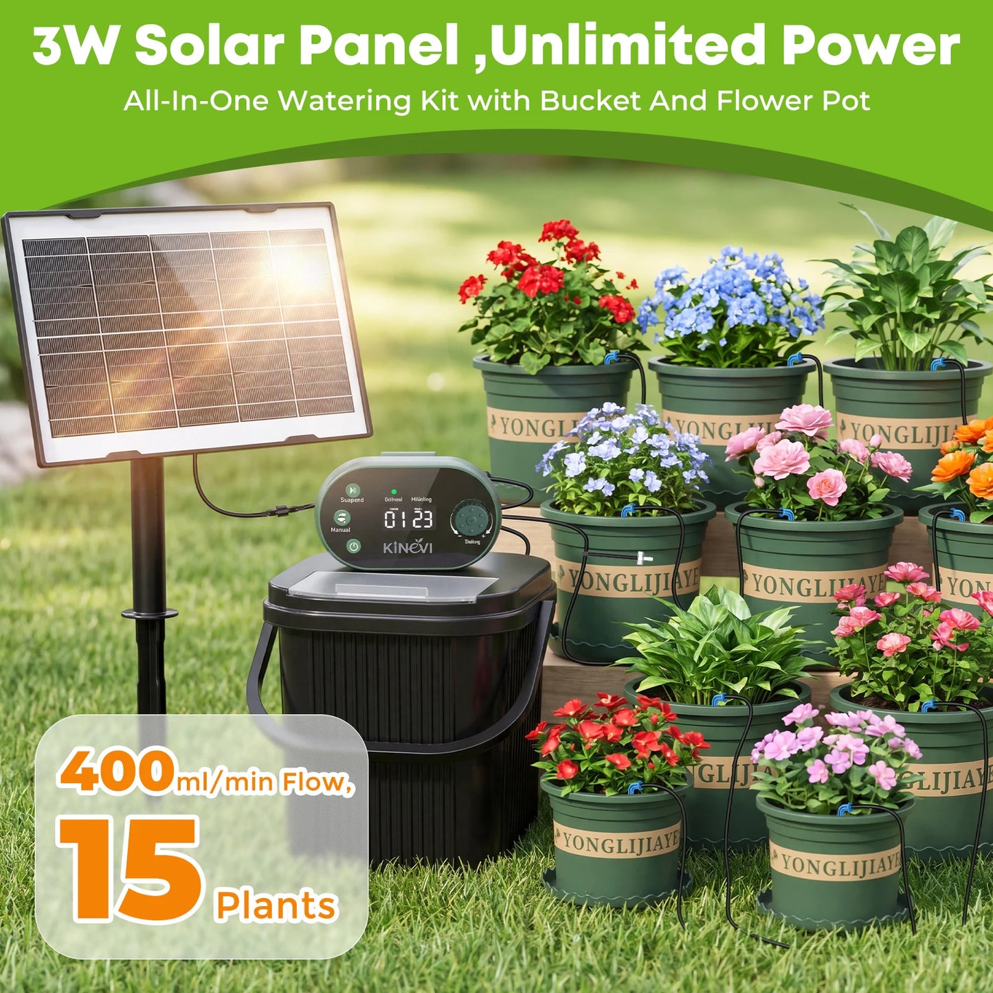 Solar Drip Irrigation System, 3W Automatic Watering System Built in 2200mAh Battery, with 22 Timing Modes 15m Hose&Anti-Siphoning, Suitable for Indoor Outdoor Plants Vegetables Shrubs