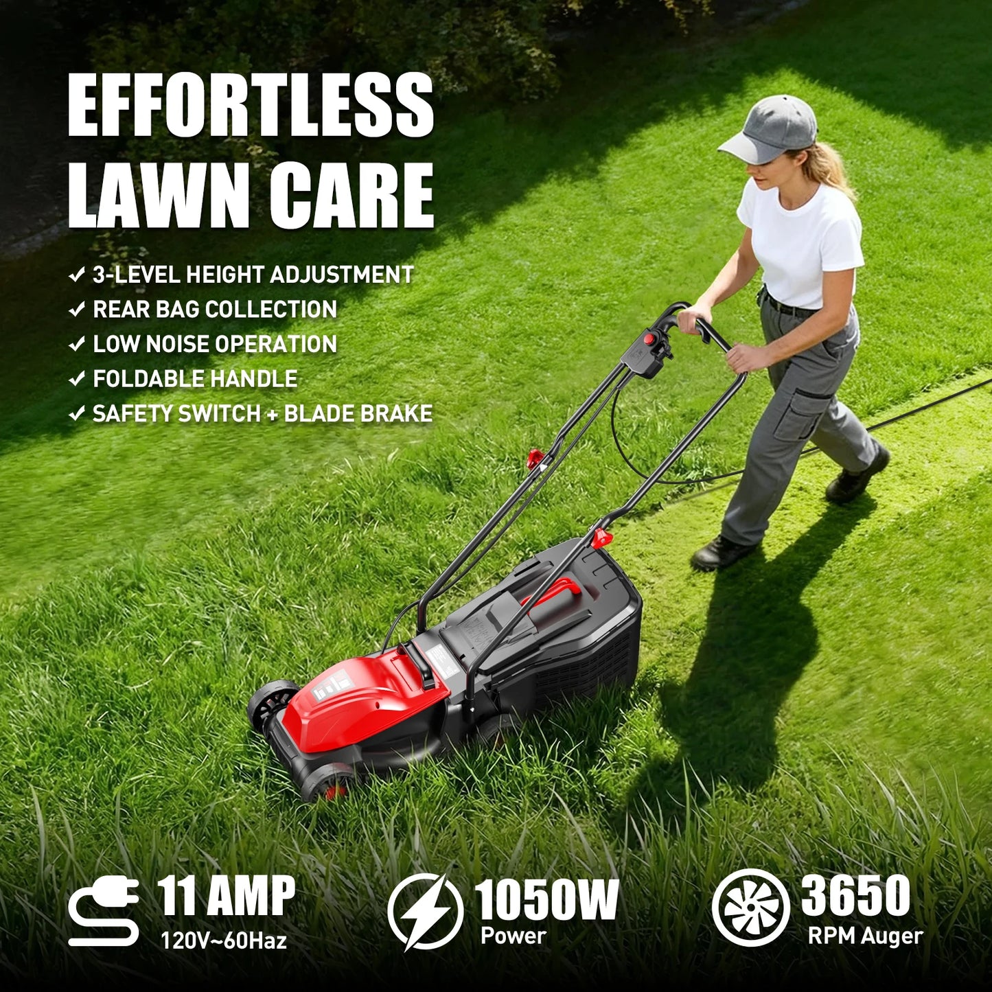 14-Inch Corded Electric Lawn Mower, 11 Amp 3650RPM 2IN1 Mulching & 25L Collection Bag, Push Mower with 3-Position Cutting Height, Lightweight Electric Mower for Residential Yards