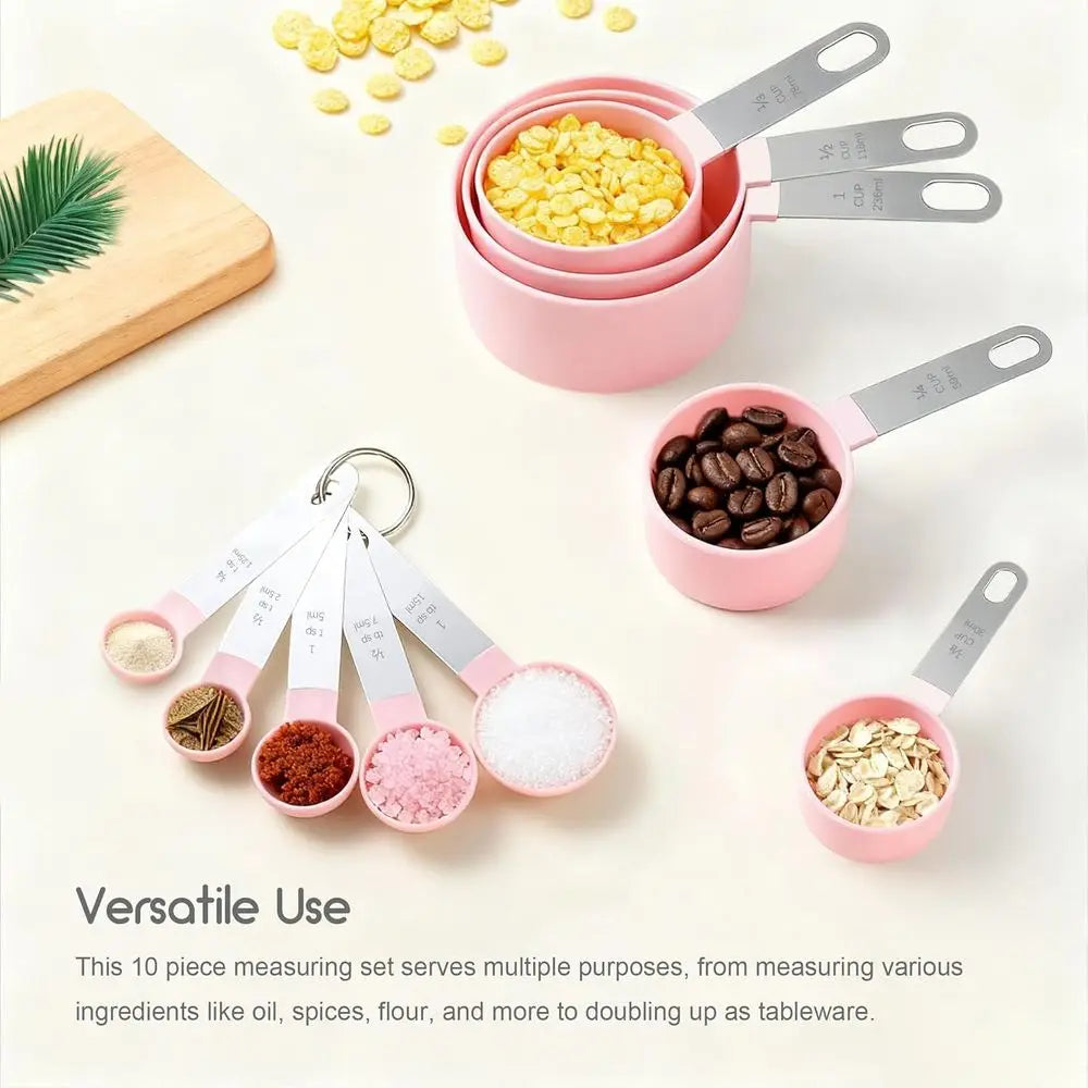 Measuring Cups and Spoons Set, 10 Pieces Stackable Measure Tools with Stainless Steel Handles, Kitchen Gadgets or Cooking (Pink)