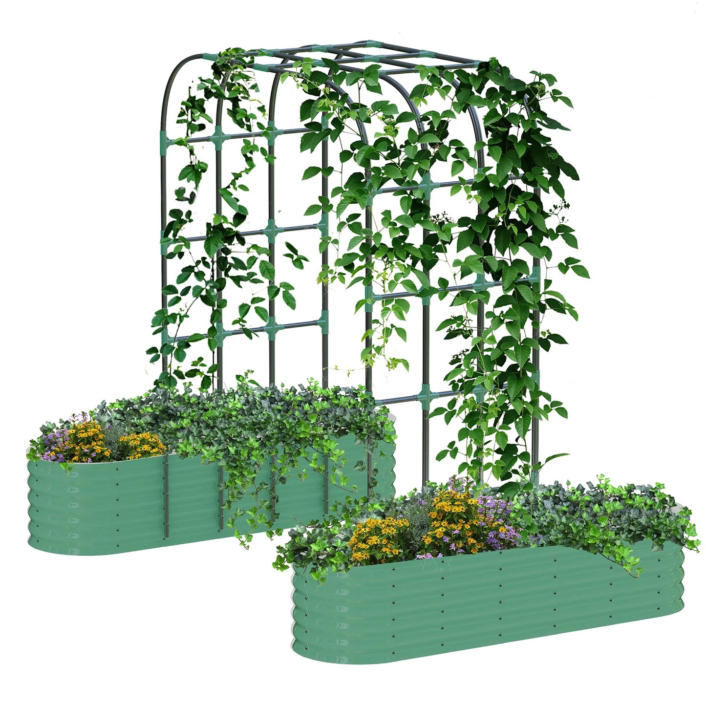 HiMISS Galvanized Raised Garden Bed With Arch Trellis Planter Box