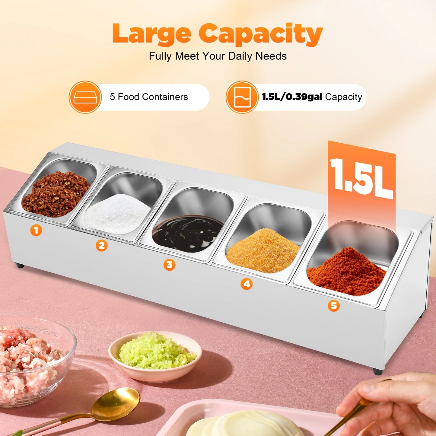 Spice Rack Shelf Stainless Steel One Row with 5 Containers, Countertop Inclined Holder for Seasoning Sauce Jam Fruits Ingredient