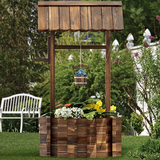 Wooden Wishing Well Planter With Hanging Bucket For Flowers