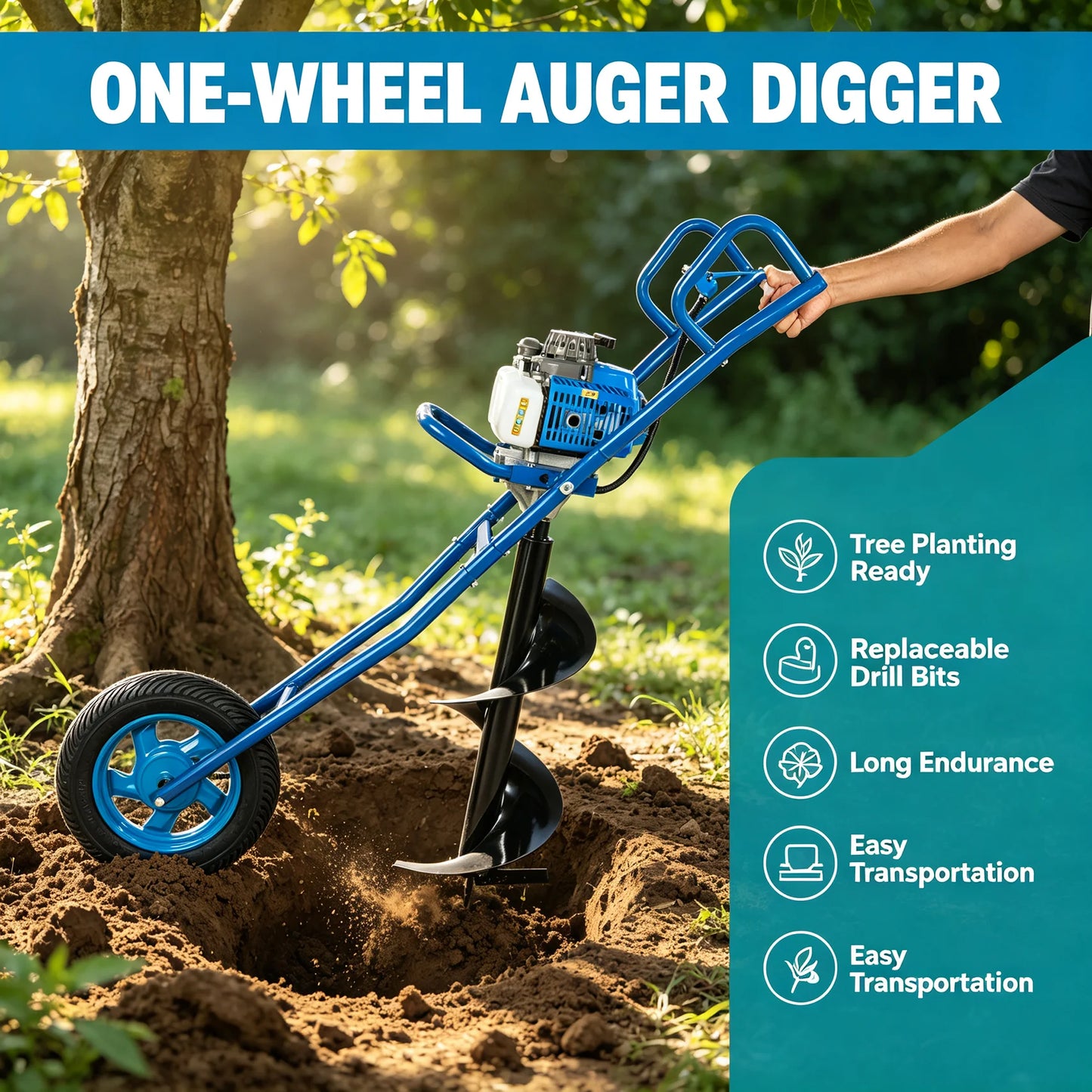 63CC 2.2kW Gas Powered Earth Auger 8800RPM with Single Wheel Cart Post Hole Digger with 11.81" Drill Bit for Farm Garden Orchard Construction Planting Fence Digging