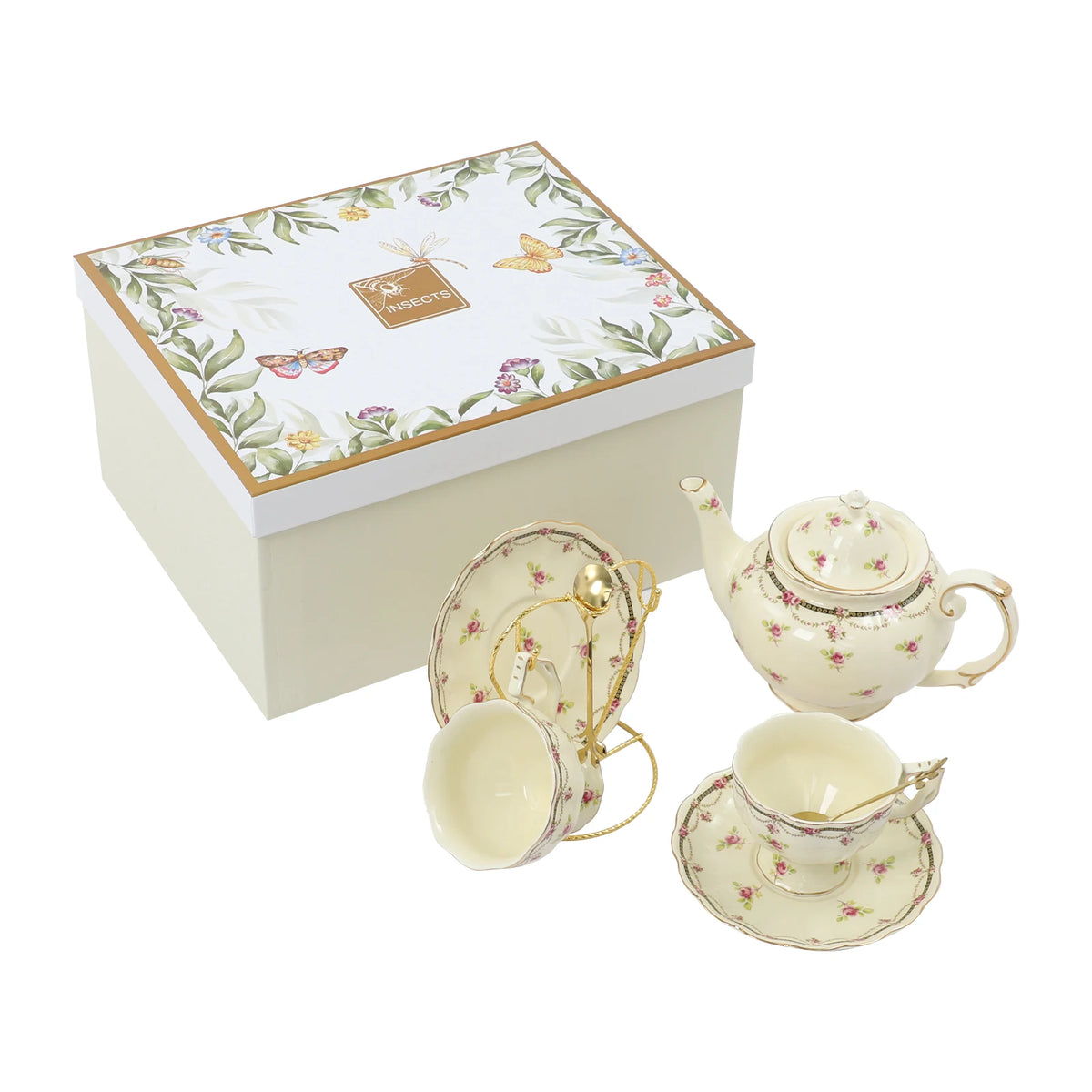 Porcelain Tea Set for 2, European Style Ceramic Tea Set with Teapot Cups Saucers, Includes Iron Stand 27oz