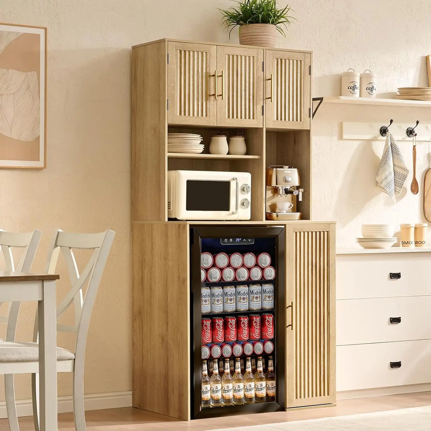 Tall Fluted Coffee Bar Cabinet With Mini Fridge Storage
