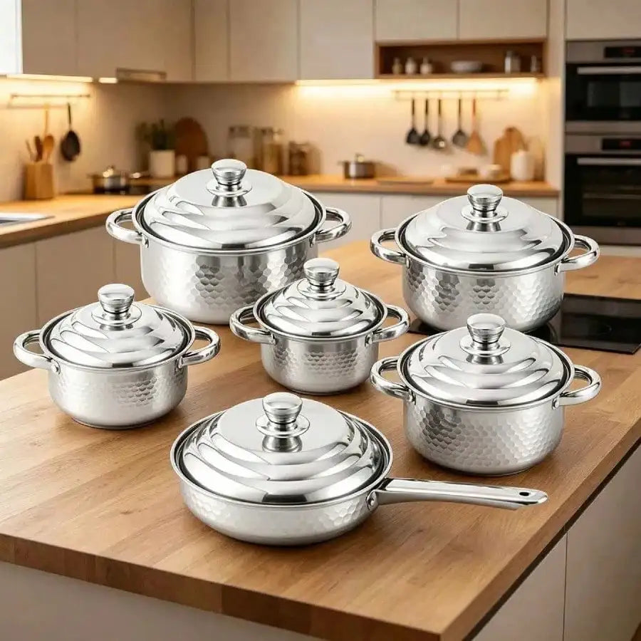 12-Piece Cookware Set Heavy Duty Silver Stainless Steel Pots and Pans Set With Lids Hammered Finish Kitchen Cookware Set For Home Kitchen Cooking Housewarming Gift Mother's Day Gift For Mom Christmas Decor
