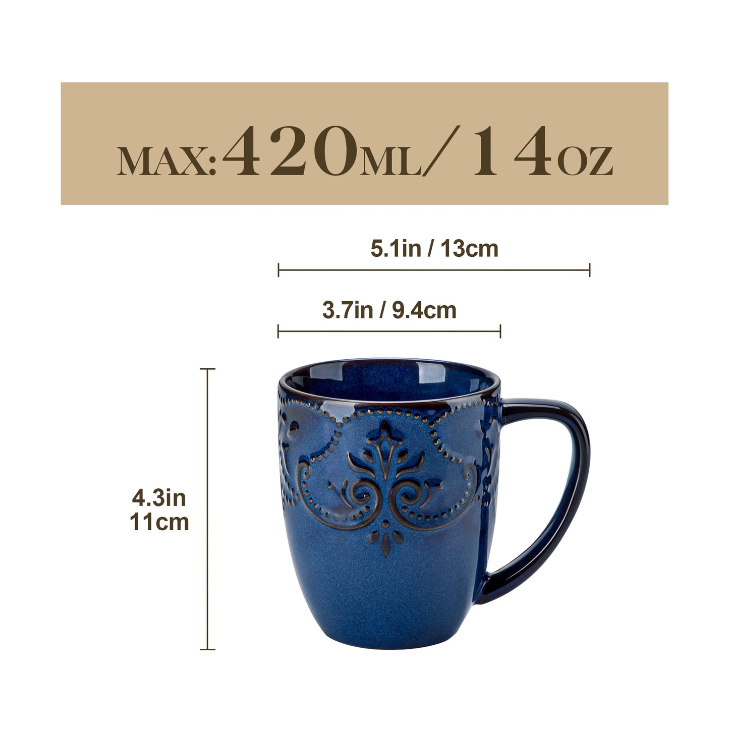 MALACASA GISELLE 4/8 PCS Porcelain Cup Sets 14 Oz Retro Relife Coffee Cup Sets Ceramic Mug Sets for Milk/Cappuccino Two Option