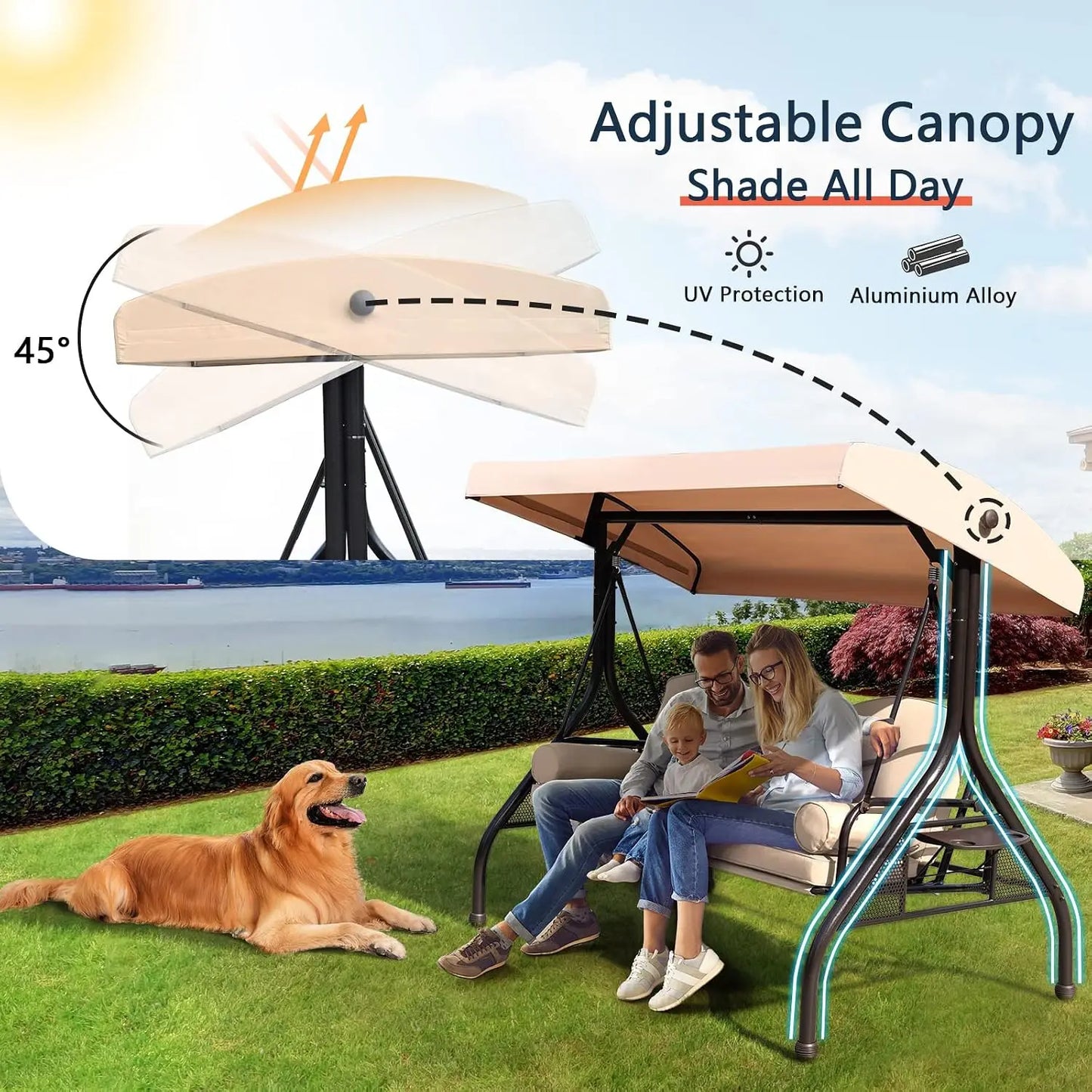 Patio Porch Swing, 3-Seat Outdoor Swing with Adjustable Canopy, Waterproof Fabric Cushion, Pillow and Foldable Side, Customized