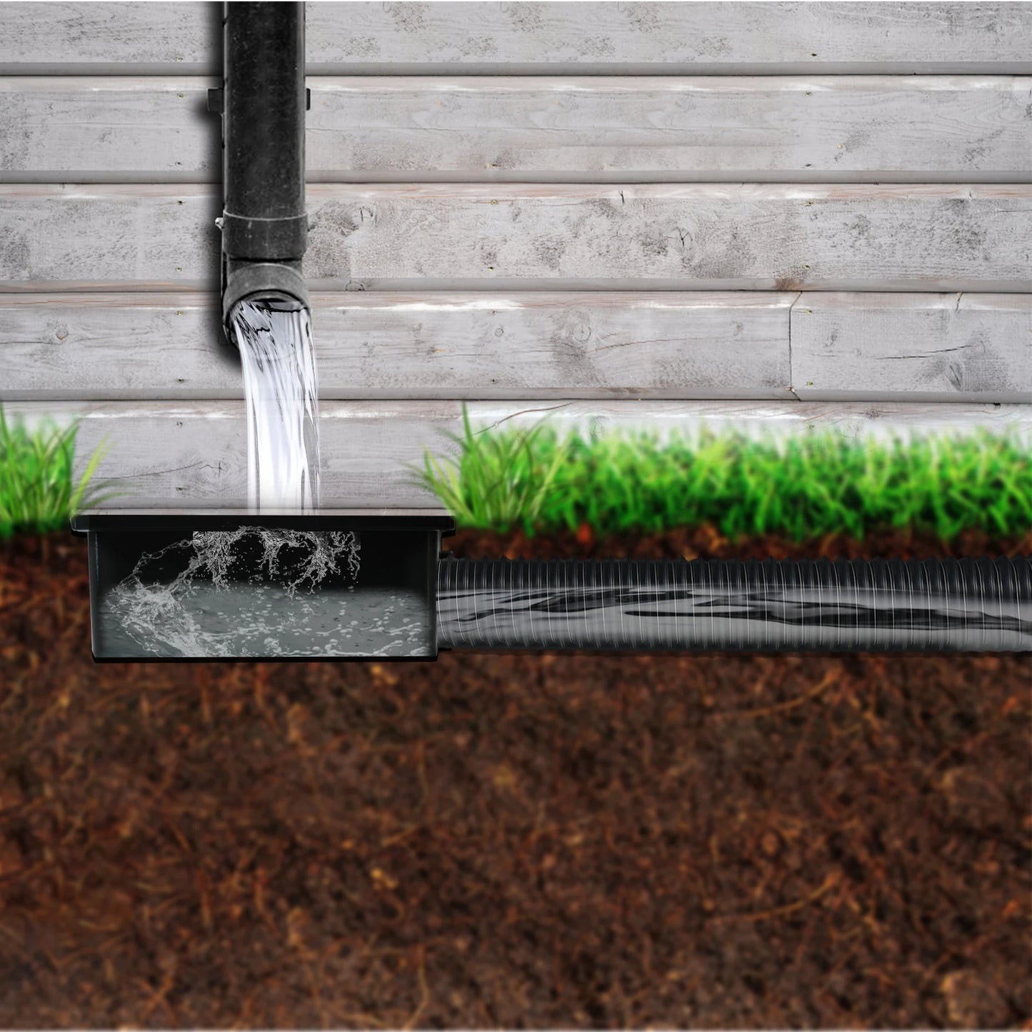 Square Outdoor Drain Catch Basin Kit with Grate Flexible Corrugated Drain Pipe Yard Patio Lawn Garden Downspout Surface Water Drainage System