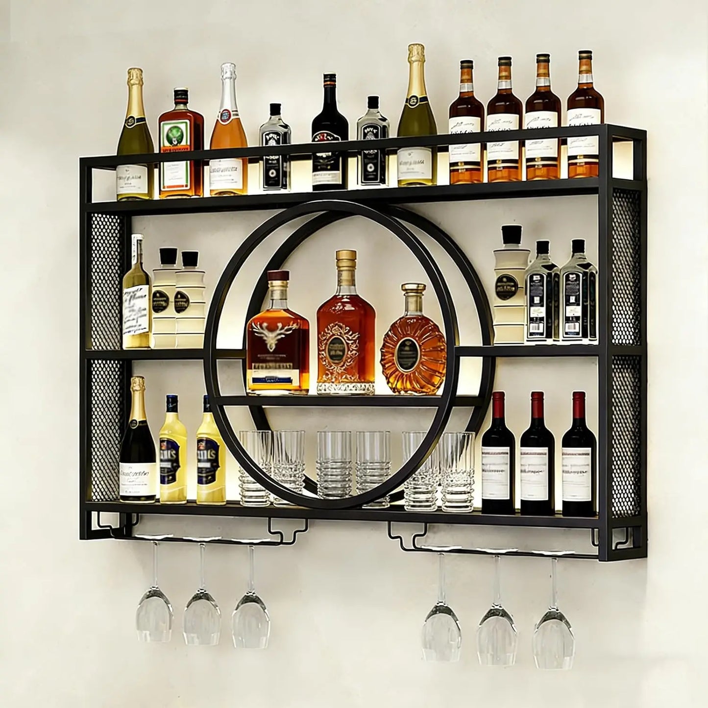 Wall Mounted Wine Rack With LED Lights Iron Floating Shelf